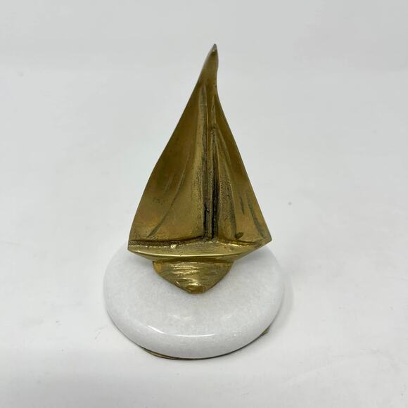 VTG MCM Brass Sailboat White Marble Base Paperweight Figurine Sailing Preppy - Picture 1 of 7